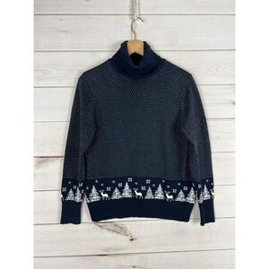 LL Bean Sweater Womens Small Navy Turtleneck Fair Isle Reindeer Christmas